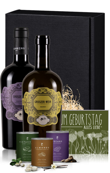 Weingeschenk "Groszes Handwerk" 2er, Nüsse & Verpackung mit Karte