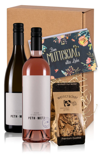 Muttertagsgeschenk Wein mit 2 Flaschen, Weincracker & Karte
