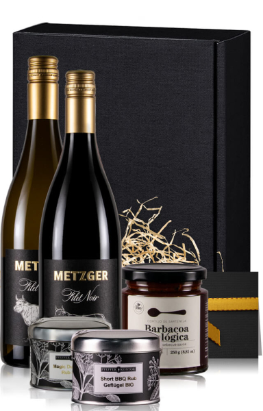 Grillgeschenk Großes BBQ-Paket "Grillmeister" mit 2 Weinflaschen, Gewürzen & BBQ-Sauce