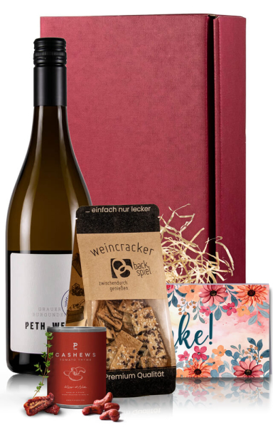 Kleines Dankeschön für Genießer, mit Weißwein, Cracker, Nüsse & Verpackung