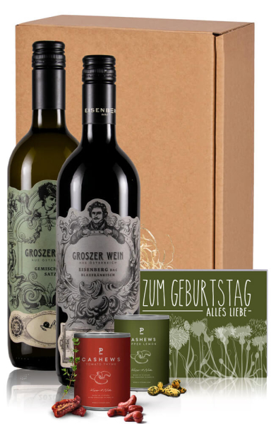 Weingeschenk zum Geburtstag "Handwerk" 2 Weine, Nüsse & Verpackung