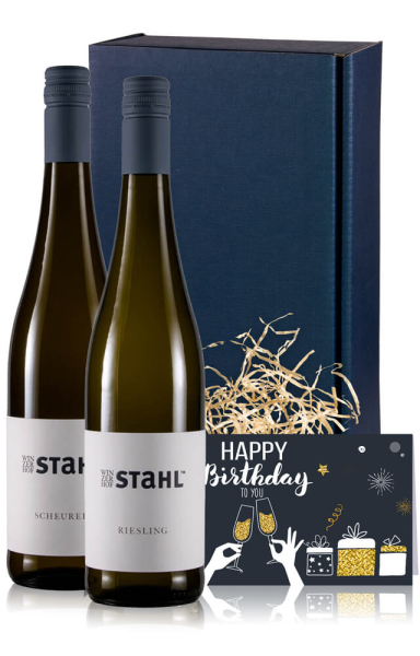 Weingeschenk Geburtstag Weißwein mit 2 Flaschen & Karte