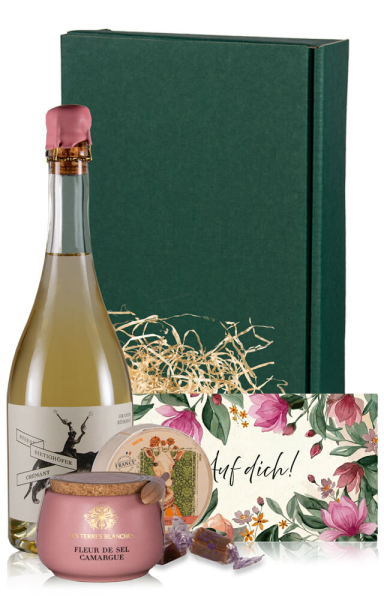 Sektgeschenk „Auf dich!“ mit Cremant, Caramel & Fleur de Sel & Karte
