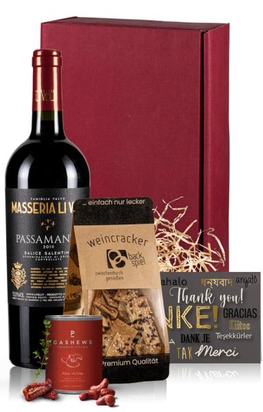 Weingeschenk Thank You "Kleine Auszeit" mit Rotwein, Crackern & Nüssen