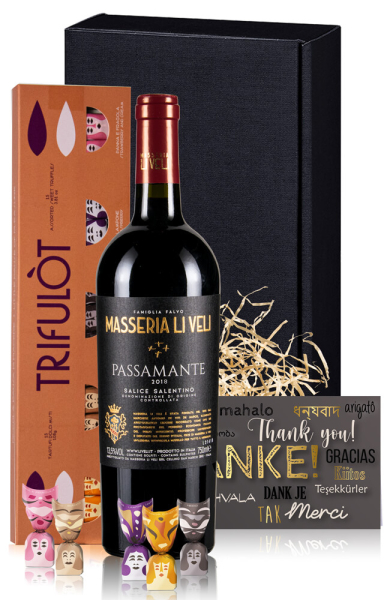 Weingeschenk Thank You mit italienischem Rotwein & Pralinen