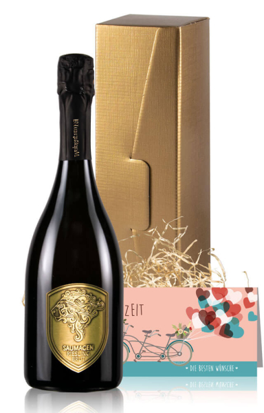 Sektgeschenk goldene Hochzeit mit Winzersekt, Geschenkverpackung und Karte