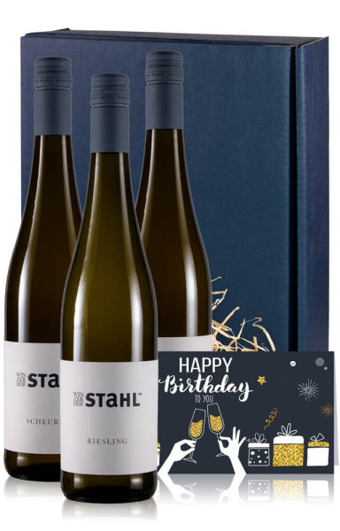 Weingeschenk Geburtstag Weißwein mit 3 Flaschen & Karte
