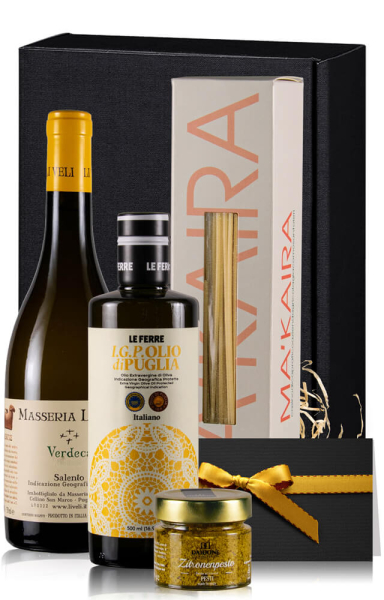 Weingeschenk Italienische Feinkost, Weißwein, Pasta, Olivenöl, Pesto