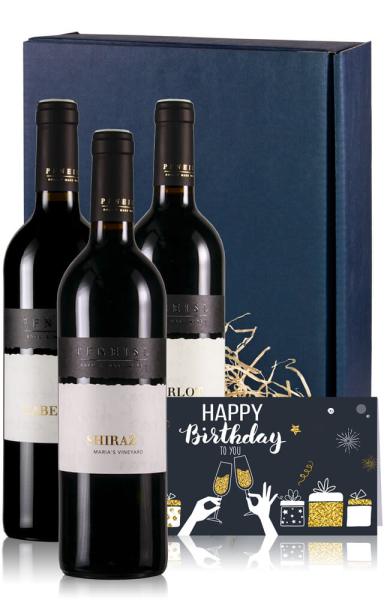 Weingeschenk Geburtstag Rotwein mit 3 Flaschen und Karte