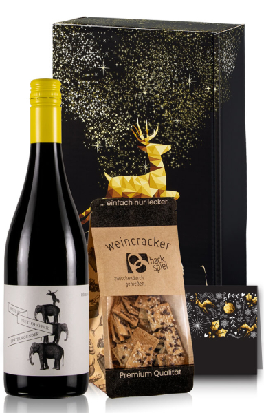 Weingeschenk "Tierische Weihnachten" Rotwein & Weincracker