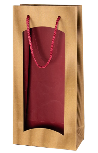 Geschenktaschen für 2 Flaschen mit Fenster rot-natur