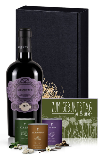Weingeschenk "Groszes Handwerk" Rotwein, Nüsse & Geburtstagskarte