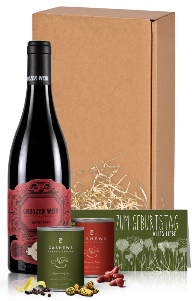 Weingeschenk Genuss Set Geburtstag - Rotwein & edle Nüsse