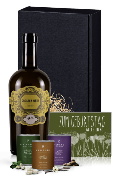 Weingeschenk "Groszes Handwerk" Weißwein, Nüsse & Geburtstagskarte